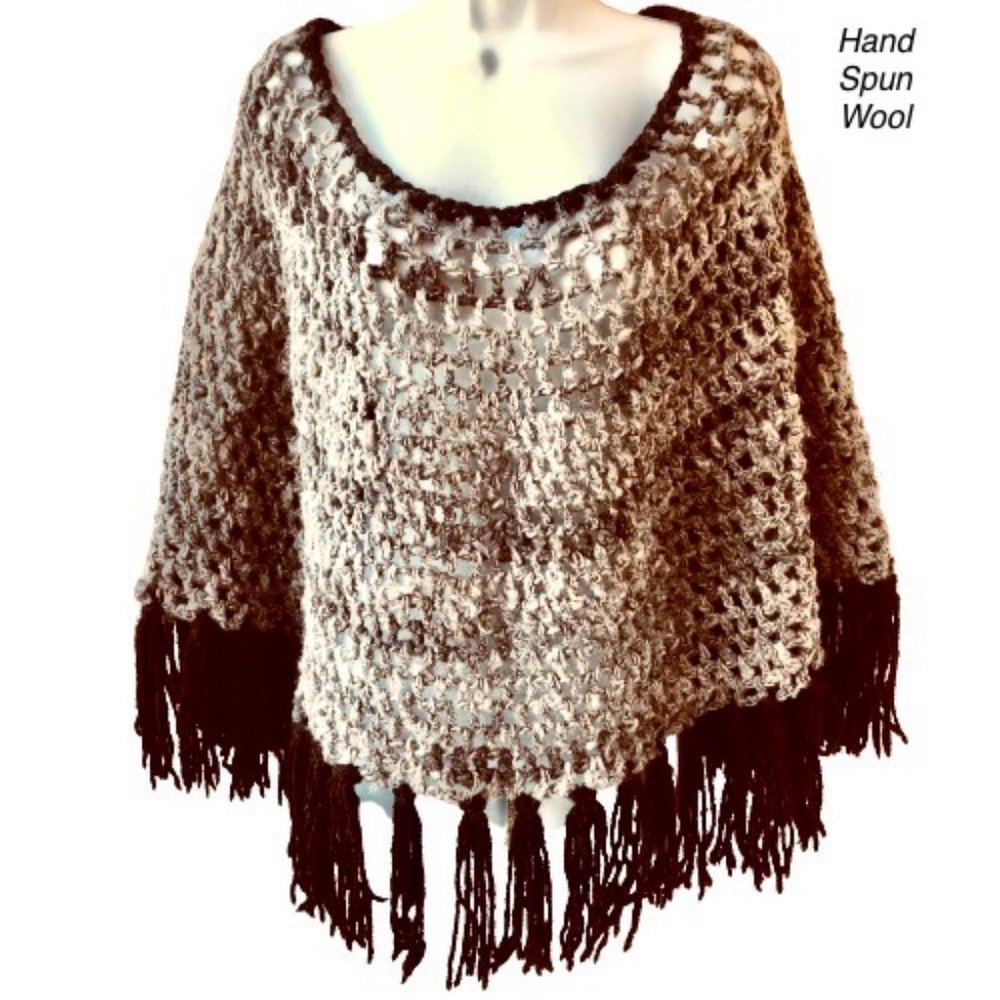 Hand Made Crochet Poncho Cape Boho Fringe Tassels Brown HAND SPUN WOOL large